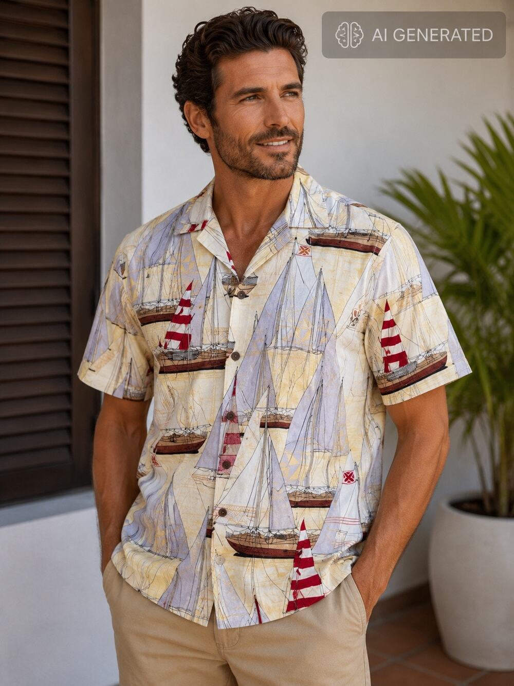 Purahow Apparel‎ Nautical Sailboat Print Hawaiian Camp Shirt Men’s XL